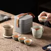 Juego de té de cerámica para viaje, una tetera y tres tazas, juego de té kung fu portátil para exteriores, juego de regalo completo de horno Ru