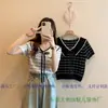 Fábrica 2025 Estilo Coreano Laço Contrastante Manga Curta Camiseta Feminina Verão Novo Gola Boneca Slim Top de Malha