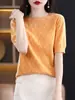 Moda cuello redondo hexagonal color sólido hueco jersey manga abullonada holgado casual primavera y verano algodón tejido para mujer manga corta