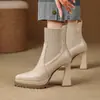 Botines de punto de cuero patchwork para mujer con tacones gruesos, nuevos botines calcetín de tobillo de punta con tacón alto para otoño e invierno