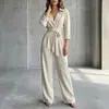 Mono de moda casual de pierna ancha suelta, estilo europeo y americano, nuevo para 2026, mono de una pieza de color liso con cuello en V y manga larga para mujer