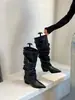 Botas femininas plataforma bico fino amassadas empilhadas couro branco decoração de fivela cano alto estilo Merade botas de viagem para mulheres