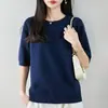 Suéter de punto para mujer, apto para el commute, no hace bolitas, algodón puro, cuello redondo, manga corta, para otoño e invierno, juvenil y elegante, top tipo camiseta de punto holgado