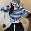 Camiseta de mujer con hombros descubiertos a rayas para otoño e invierno, nuevo diseño, top ajustado con sentido de nicho, top de manga larga corto para chica sexy