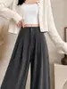 Pantalones de traje de chenilla gris para mujer, nuevo estilo de otoño 2026 para mujeres petite, de pana ajustados rectos casuales de pierna ancha