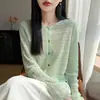 Cardigan de punto de lino con cuello redondo de 26 vueltas para mujer, nuevo suéter de verano delgado calado, top exterior holgado y adelgazante