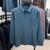 Camisa polo masculina para meia-idade e idosos com bolsos reais, novo estilo outono 2026, listrada, confortável, camiseta de manga comprida para homens