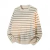 Camisa listrada de manga comprida para homens, suéter de tricô estilo retrô japonês, gola redonda, corte solto, camiseta versátil, camiseta básica da moda