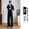 Pantalones deportivos negros de cintura alta y corte holgado para mujer, pantalones de chándal casuales de otoño estilo americano, pantalones de chándal anchos rectos holgados