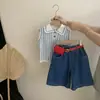 Conjunto de Verano 2026 para Niñas Nuevo Elegante Polo Rayado y Shorts de Mezclilla Conjunto de Dos Piezas para Niños