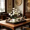 Maceta estilo nórdico con borde blanco con 14 orquídeas Phalaenopsis artificiales, adecuada para decoración de mesa de hotel y restaurante, adorno pequeño de bonsái artificial realista