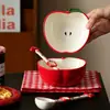 Set Creativo y Lindo de Tazón y Cuchara de Manzana Roja para Uso Doméstico, Tazón de Arroz Cerámico, Cuchara, Tazón para Ensalada, Cuchara para Sopa y Juego de Tazones para Comer