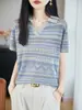 Nuevo Estilo Primavera y Verano 2026 Tejido de Punto Tencel Lino Cuello Solapa Manga Corta Corte Femenino Color Contrastante Camiseta Base Suelta