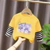 Camiseta de Manga Larga para Niña 2026 Otoño Nuevo Cuello Redondo Patchwork Rayado Estilo Coreano Moda Algodón Puro Top Casual Infantil