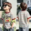 Camiseta de Manga Corta con Cuello Redondo y Rayas de Algodón Puro para Niños, Estilo Coreano, Holgada, Casual, a la Moda, Versátil, Top Estampado