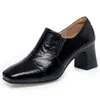 Zapatos de vestir de primavera y otoño para mujer, punta cuadrada, boca profunda, sin cordones, tacón grueso, tacones altos, zapatos de cuero, estilo temperamento negro, apertura elástica, zapatos para mujer