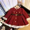 Vestido Infantil Estilo Pequeno Chanel, Outono e Inverno Acolchoado com Lã Espesso Vestido Vermelho de Princesa para Aniversário, Roupa de Aniversário Infantil com Jaqueta Acolchoada