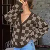 Cárdigan de Punto a Cuadros para Mujer, Abrigo Suéter Holgado de Cuello en V para Otoño e Invierno, Top de Manga Larga Versátil y a la Moda