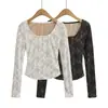 AY822-26 Otoño Coreano Suave Fragante Oxígeno Belleza Chica Estilo Puro Deseo Cuello U Grande Encaje Manga Larga Camiseta Camiseta Básica para Mujer