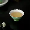 Xícara de Chá Alta com Borda Floral Estilo Dinastias Tang e Song, Conjunto de Chá Kung Fu, Xícara de Cerâmica para Degustação Doméstica, Xícara Mestra Verde Esmeralda Degradê