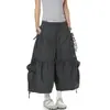 Calças cargo cropped femininas estilo retrô americano com cordão, pregas e bolsos grandes, novo estilo de verão, shorts tipo lanterna soltos, na moda
