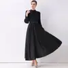 Nuevo Vestido Largo Elegante Vintage 2025 con Cuello Alto, Volantes, Mangas Largas, Ceñido a la Cintura y Cinturón