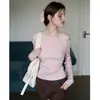 Camiseta de Punto de Manga Larga Off-Shoulder para Mujer, Nuevo Estilo Primavera, Color Sólido, Corte Ajustado, Elegante, Favorecedora, Hombros al Descubierto, Ceñida a la Cintura, Top Suave