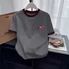 Camiseta de Algodão Puro com Gola Redonda e Manga Curta, Color Block e Ombros Retos para Mulheres, Top Versátil e Estiloso da Moda Coreana, Camiseta Básica para Primavera e Verão