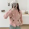 Cardigan jacket de punto bordado floral estilo coreano para otoño e invierno, nuevo, de cuello redondo, tejido tipo toalla, suéter de diseño versátil y suave para mujer
