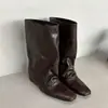 ¡En stock, se envía al instante! Botas de Montar Western Cuadradas Retro Fruncidas para Mujer, que Aumentan la Altura, Adelgazantes, Botines Cortos, Botas de Media Caña, Botas de Campana