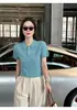 Nova Polo Feminina de Lã Fina Manga Curta Solta Simples Moderna Meia Manga Moda Malha Versátil Fina Camiseta