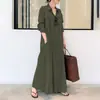 Vestido Camisa Largo Casual Sencillo de Algodón y Lino Color Sólido con Cuello Solapa y Bolsillos, Estilo Europeo y Americano 2023 para Ir al Trabajo