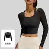 Ropa de Yoga para Mujer de Manga Larga de Malla Falso Dos Piezas con Almohadillas en el Pecho Top Deportivo Adelgazante Ropa para Fitness Entrenamiento Pilates