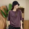 2026 Nuevo Producto de Principios de Otoño Estilo Coreano Camiseta Holgada de Cuello Redondo de Manga Media para Mujer Color Sólido Holgada Cuello Semiabierto Camisa Base MHMHT