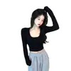 Outono 2026 Novo Estilo Garota Apimentada Grande Decote U Ajuste ao Corpo Curto Branco Manga Longa Camiseta Top Tendência da Moda Feminina