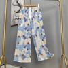 Pantalones de pijama de algodón y seda para mujer, estilo fino de verano, talla grande, pantalones de pierna ancha de cintura alta, adecuados para usar en exteriores, pantalones de playa de seda de algodón artificial, pantalones para casa