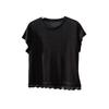 Verano Cuello Redondo Francés Encaje Costura Diseño Bajo Sensación Occidental Único Chic Manga Corta Color Sólido Camiseta Mujer