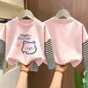Camiseta infantil de algodão puro listrada de manga longa, top estiloso novo 2026 para crianças, camiseta de outono com desenho para meninas