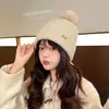 Gorro de Lana Tejido Estilo Coreano Otoño/Invierno para Mujer con Forro Polar Añadido para Calidez, Gorro con Pompón, Estilo Versátil Ins, Dulce, Gorro de Protección contra el Frío