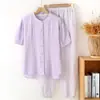 Estilo Novo de Verão 2026 Pijama Casual Soltinho da Moda para Mulheres Conjunto de Duas Peças com Top de Cor Sólida e Calça Xadrez Roupa de Casa