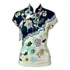 Novo cheongsam de estilo chinês retro-modernizado com estampa floral e bordado, top de manga curta com gola alta, design abotoado, detalhes vazados, corte justo para mulheres