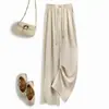 Calça Casual de Verão Nova Estilo Plissada Estreita Perna Larga Caimento Alto Cintura Alta Solta Emagrecimento Algodão Linho Calça Longa com Cordão