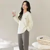 Pijama nuevo para mujer de manga larga, 100% algodón, estilo primavera y otoño, pantalones de bloques de color liso, holgado y casual, se puede usar afuera, conjunto para casa