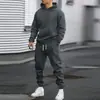 Conjunto de roupas esportivas masculinas transfronteiriças, apresentando um moletom com capuz de manga longa, cor sólida e design minimalista com estampa 3D, vendido como um conjunto de duas peças