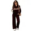 Conjunto de Moletom Listrado com Zíper Meio e Gola Alta Estilo Europeu para Mulheres Outono Blusa Solta Calça de Cintura Alta Conjunto Casual de Duas Peças