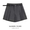 Shorts Casuais de Terno Cinza de Alta Qualidade para Mulheres Verão 2026 Saia-Short Plissada Retrô Solta de Perna Larga Linha A Hot Pants