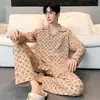 Pijama de Algodón Puro para Hombre, Cárdigan de Primavera y Otoño, Pantalones de Manga Larga, Ropa de Casa Sencilla Casual Estilo Coreano, Traje Holgado de Talla Grande