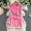 Vestido de Tricô com Gola V de Manga Longa Novo Estilo Sudeste Asiático Transfronteiriço Vestido Suéter Feminino Franzido Outono e Inverno