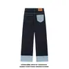 Calça Jeans Xadrez Azul com Bainha Dobrada para Homens e Mulheres, Calça Patchwork Reta de Caimento Limpo, Calça Larga Tendência de Marca para Casais