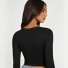 Top de manga larga de encaje con escote en V para mujer, de otoño temprano, puro deseo, corte ajustado, elástico, que expone la cintura, capa base sexy para ropa de abrigo